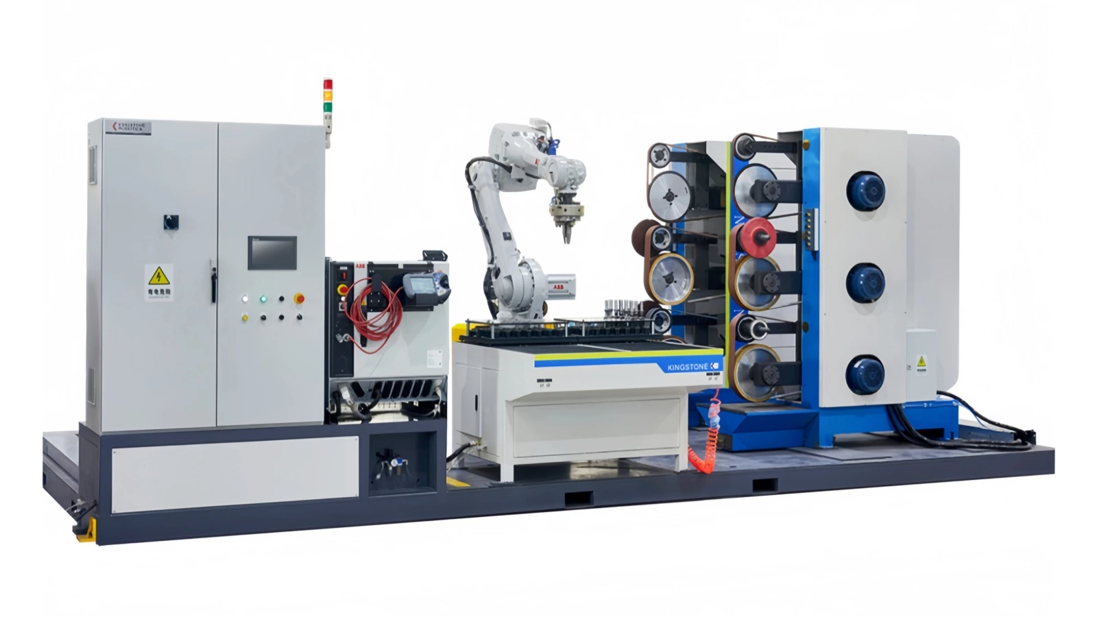 Robotic belt grinding cell for metal part surface finishing